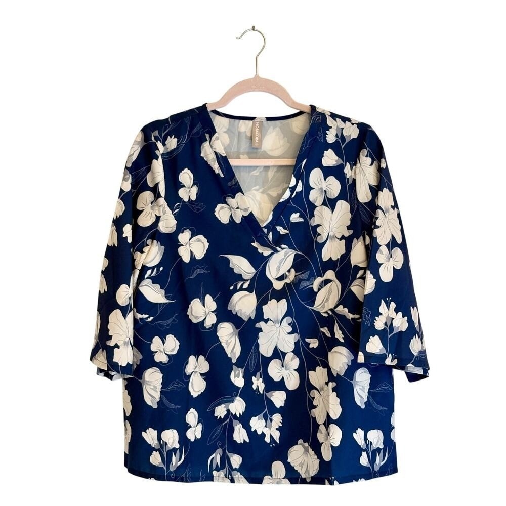 Monogram Blue Floral Wrap Blouse Quiet Luxury Coastal Grandmother Office Chic
